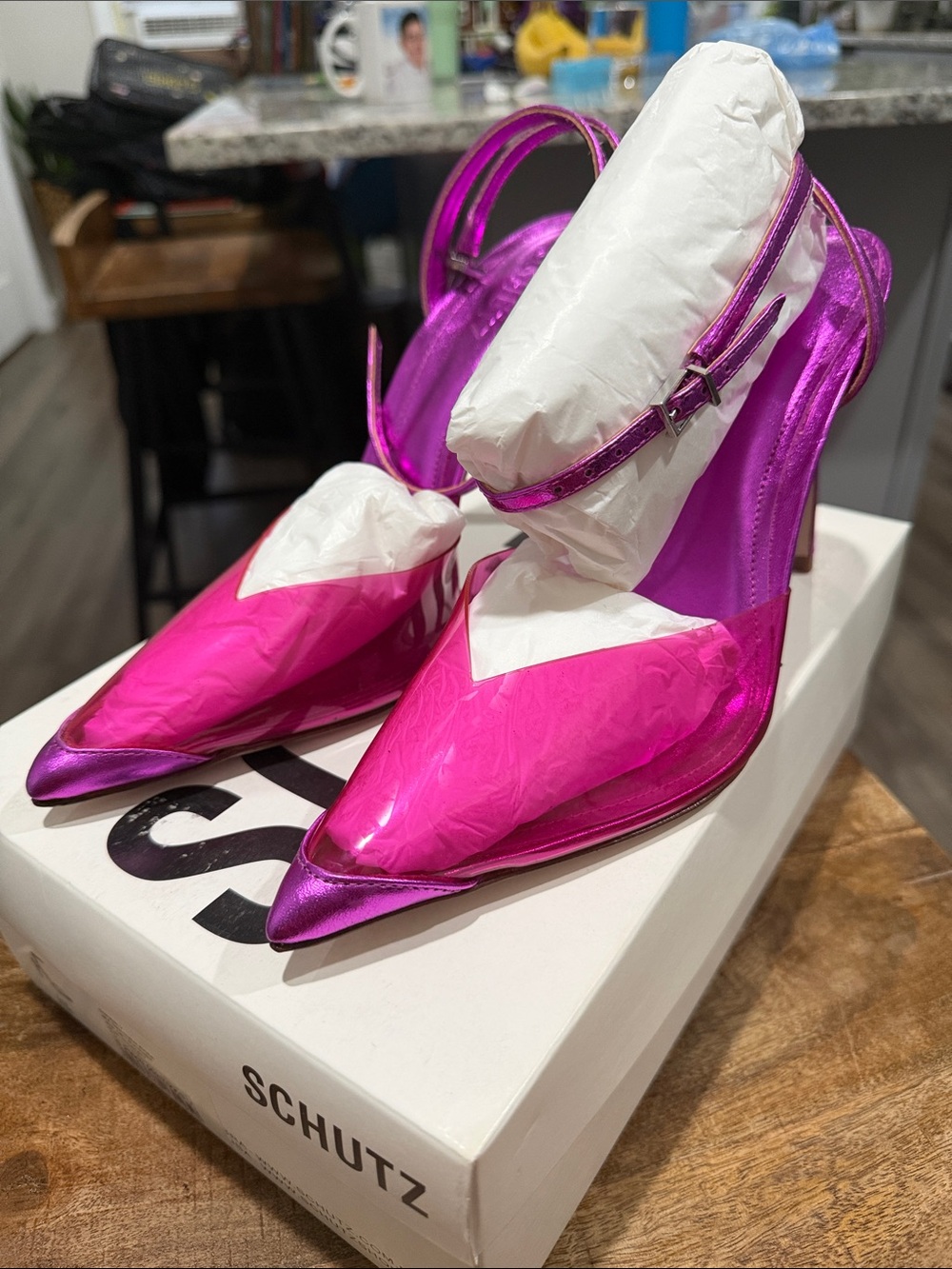SCHUTZ Hot Pink and Purple Metallic Pointed Slingback Heels